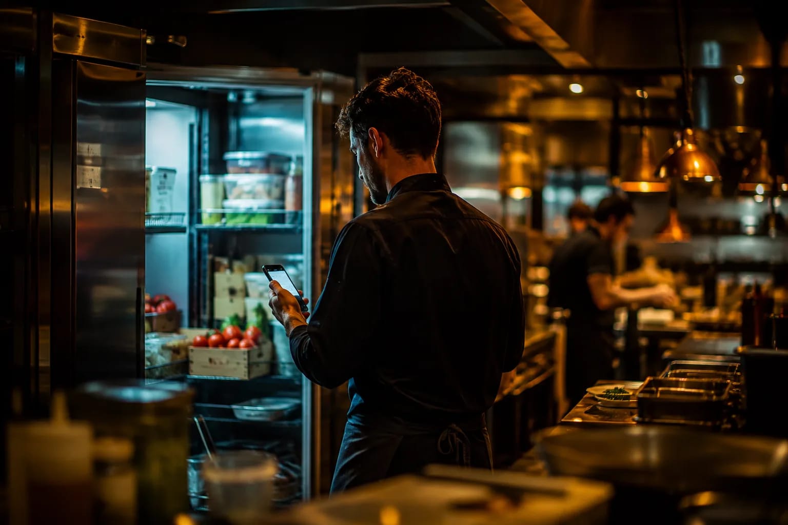 Cozinheiro registrando a baixa de estoque pelo celular na frente da câmara fria
